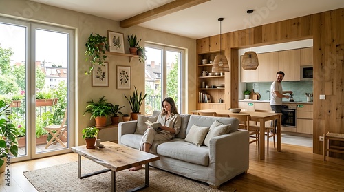 Young couple enjoying a peaceful weekend inside a bright modern apartment with wooden furniture and lush indoor plants