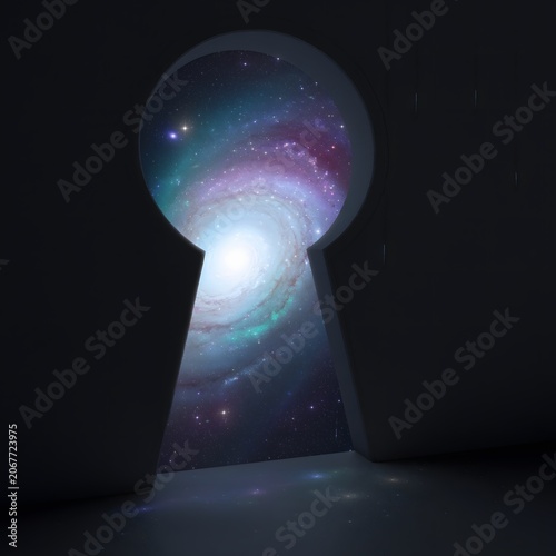 3D illustration of a large keyhole inside a dark wall opening up to a view of a lush green valley