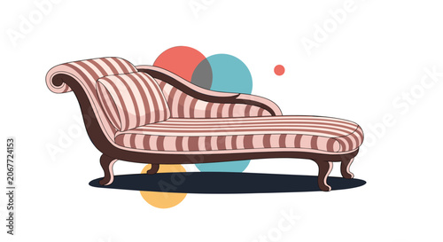 Quadro em tela Luxurious chaise longue with red and white stripes and a matching pillow positioned against colorful abstract background circles