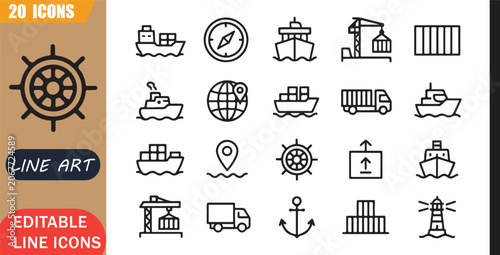 Isolated Marine Shipping Icons Set, 20 Editable Line Art Icons Set, Maritime Cargo Vessel Logistics, Ocean Trade Transport, Navigation Freight Delivery, Minimal Outline Vector