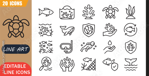 Slika na platnu Isolated Coral Reef Ocean Icons Set, 20 Editable Line Art Icons Set, Underwater