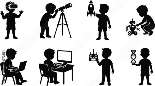 Photos Vector silhouettes of children engaging in STEM education activities, robotics,