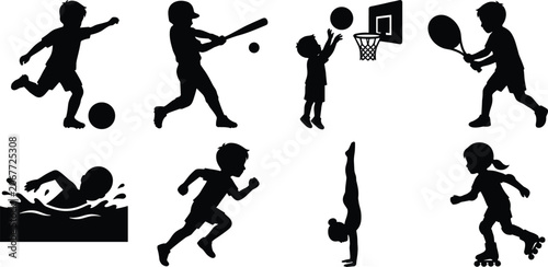 Bild auf Leinwand Vector silhouettes of children participating in various sports activities includ