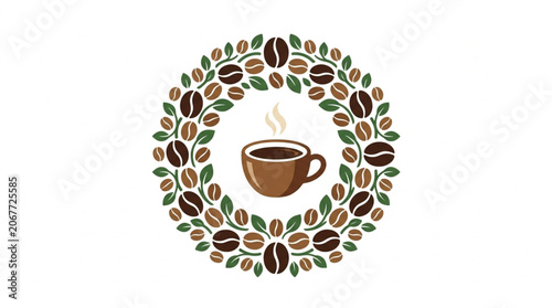 Fotografi Hot Coffee Cup Surrounded by Coffee Beans and Leaves Wreath.