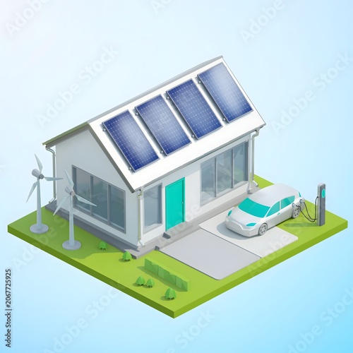 clean 3D isometric illustration of an eco-friendly smart house with solar panels,  a small wind turbine,  and a vibrant green garden layout on a minimalist background