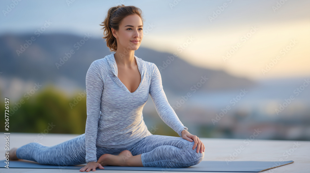 Fototapeta premium Sunrise Yoga Stretch: Female Athlete's Dynamic Warm-Up Outdoors