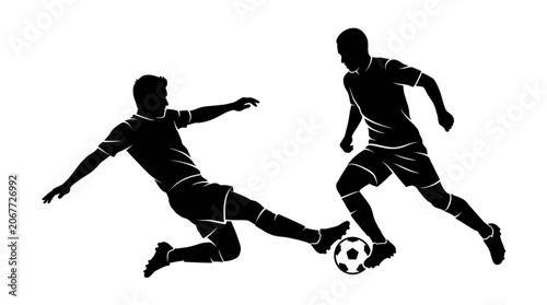 Two soccer players tackling for ball silhouette vector