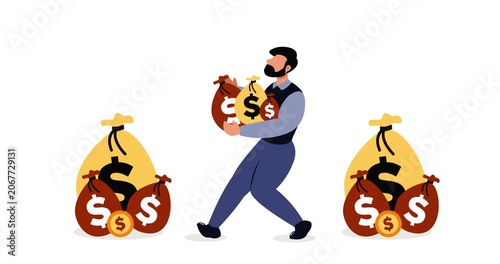 Animated illustration of a man holding several bags of dollar bills and stacks of money on his left and right sides. It depicts a successful, wealthy businessman with an abundance of money. 