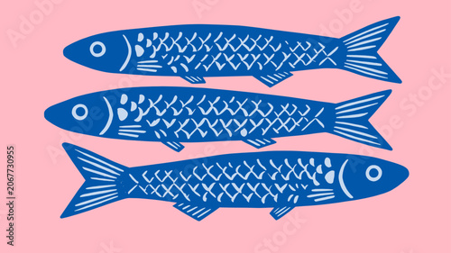 Blue Sardine Fish Trio on Pink Background