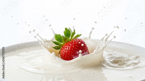 Strawberry splashing into milk with crown effect