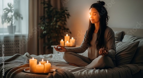 Woman meditating on bed, surrounded by lit candles, serene atmosphere