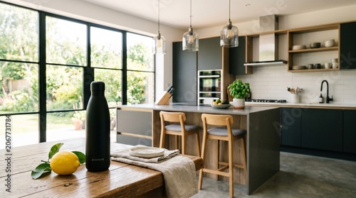 Contemporary kitchen with island and garden view