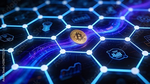 Bitcoin cryptocurrency moving through a digital network of blue glowing nodes and lines