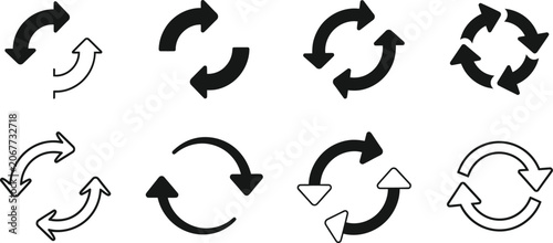 Photos Set of black and white circular arrow icons for refresh reload and rotate design