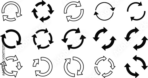 Cuadro en lienzo Set of black and white circular reload and refresh arrows icons