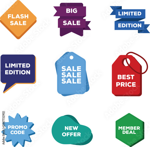 Sale and promotional badges collection. Retail discount label vector set