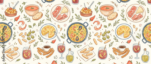 Abstract Soft Spanish food, Simple cute Typical Spanish food seamless pattern.