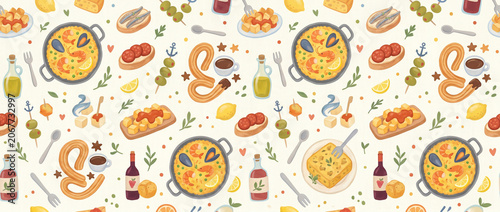 Abstract Soft Spanish food, Simple cute Typical Spanish food seamless pattern.