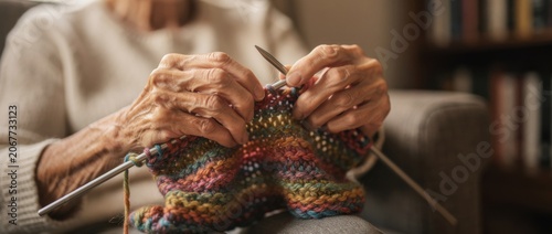 Elderly hands engaged in colorful knitting project with wooden needles, showcasing craftsmanship and focus in a cozy indoor setting