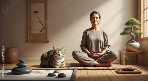 Woman meditating with a cat and zen garden, warm light streams in