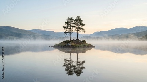  Misty lake island with twin trees reflection