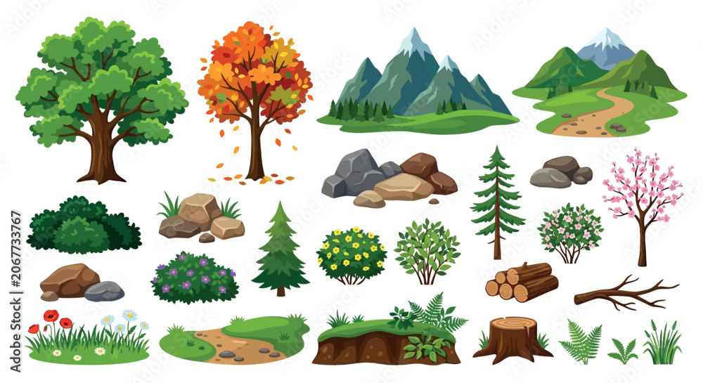 Obraz premium Collection Of Trees Rocks And Mountain Scenery Vector Illustration