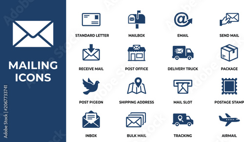 Foto Mailing service icon set with post office symbols delivery truck graphics envelo