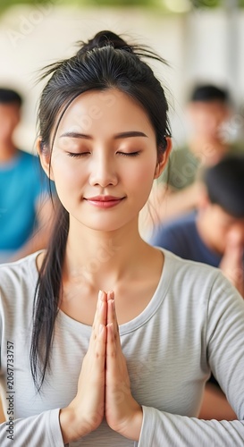 Woman meditating with eyes closed, hands pressed together in prayer pose