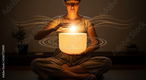 Woman meditating with glowing crystal bowl, ethereal energy radiating outward