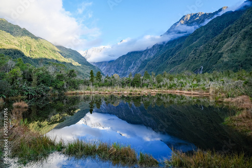 Franz Josef Glacier reflection in Peter's Pool, New Zealand