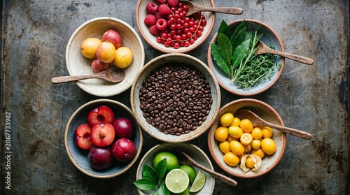 Colorful bowls of fresh ingredients on rustic surface