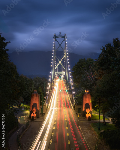 Lions Gate Bridge at night with car light trails, Vancouver, Canada