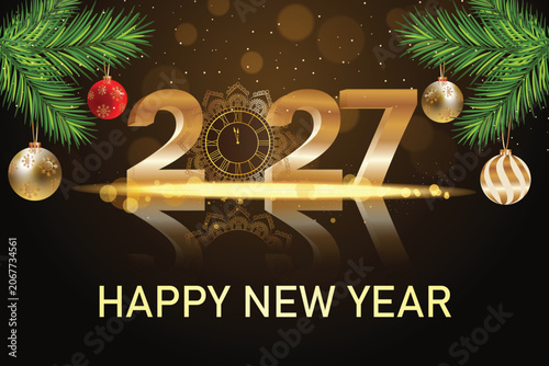 2027 happy new year background with clock 
