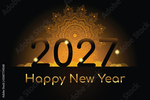 2027 happy new year background with clock 