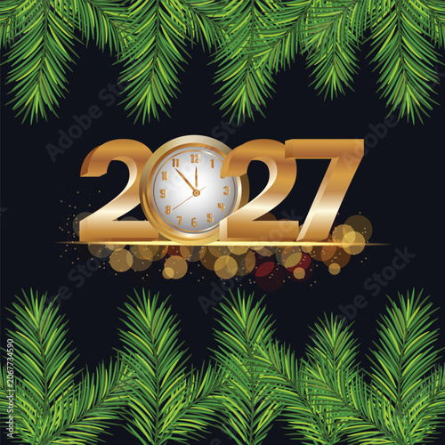 2027 happy new year background with clock 