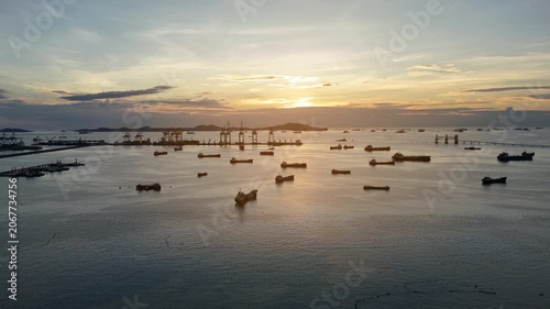 Many Oil Crude Gas Tanker Ship, Cargo container Ship offshore mooring at Ocean Bay Petroleum Chemical export import transportation and logistics	
