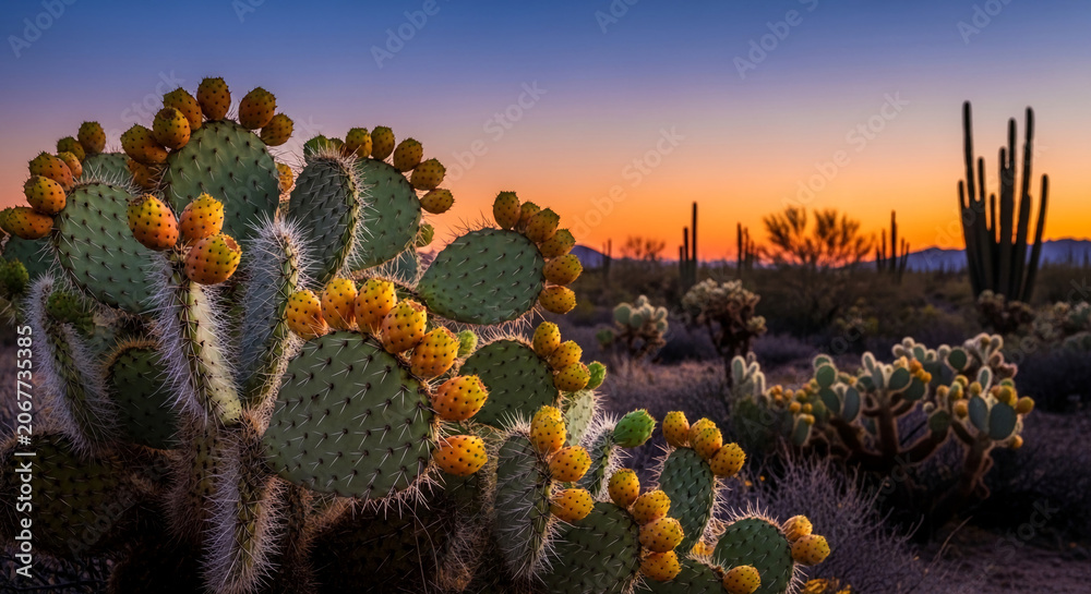 Fototapeta premium Prickly pear cactus with ripe fruit, set against a gradient sunset sky and silhouetted desert flora, symbolizing resilience and natural beauty