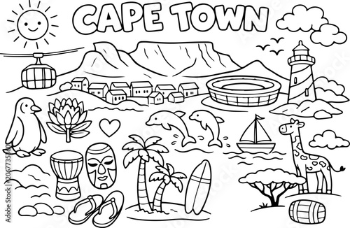 cape town south africa landmarks cartoon outline hand drawn Line Art illustration doodle art coloring page for kids