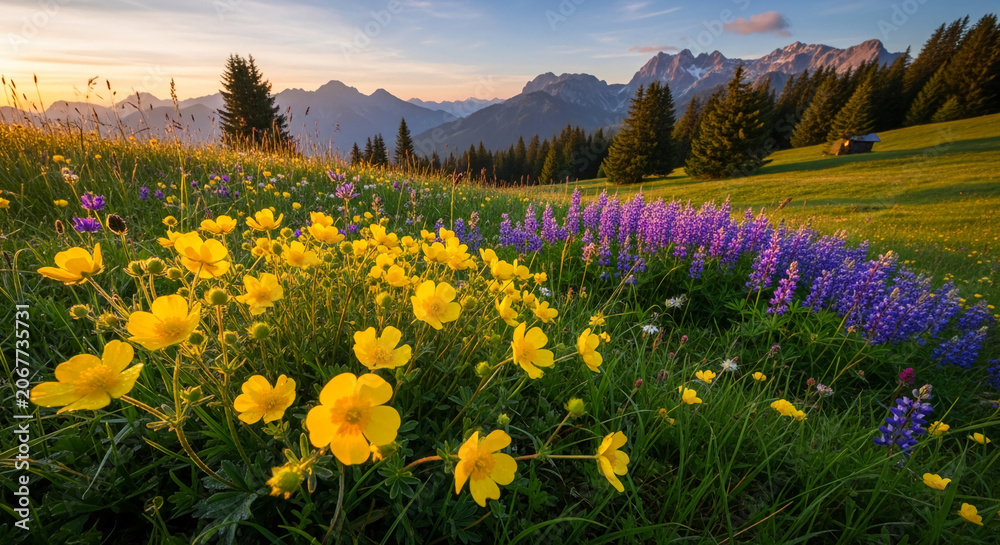 Obraz premium Mountain meadow with vibrant yellow and purple wildflowers at sunset, showcasing natural beauty and tranquility, perfect for nature or travel themes