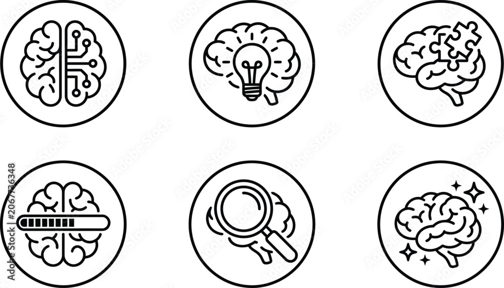 Fototapeta premium Set of minimalist human brain icons representing artificial intelligence creativity problem solving and mental processes ideal for technology and education concepts