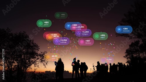 Silhouette of people on a hill at sunset with glowing social media icons like followers, views, likes, and comments floating in the sky, representing digital marketing, viral content