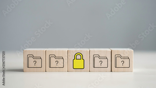 Data Privacy and Cyber Security Concept with Wooden Blocks Showing Folders with Question Marks and a Yellow Padlock Icon for Confidential Document Protection
