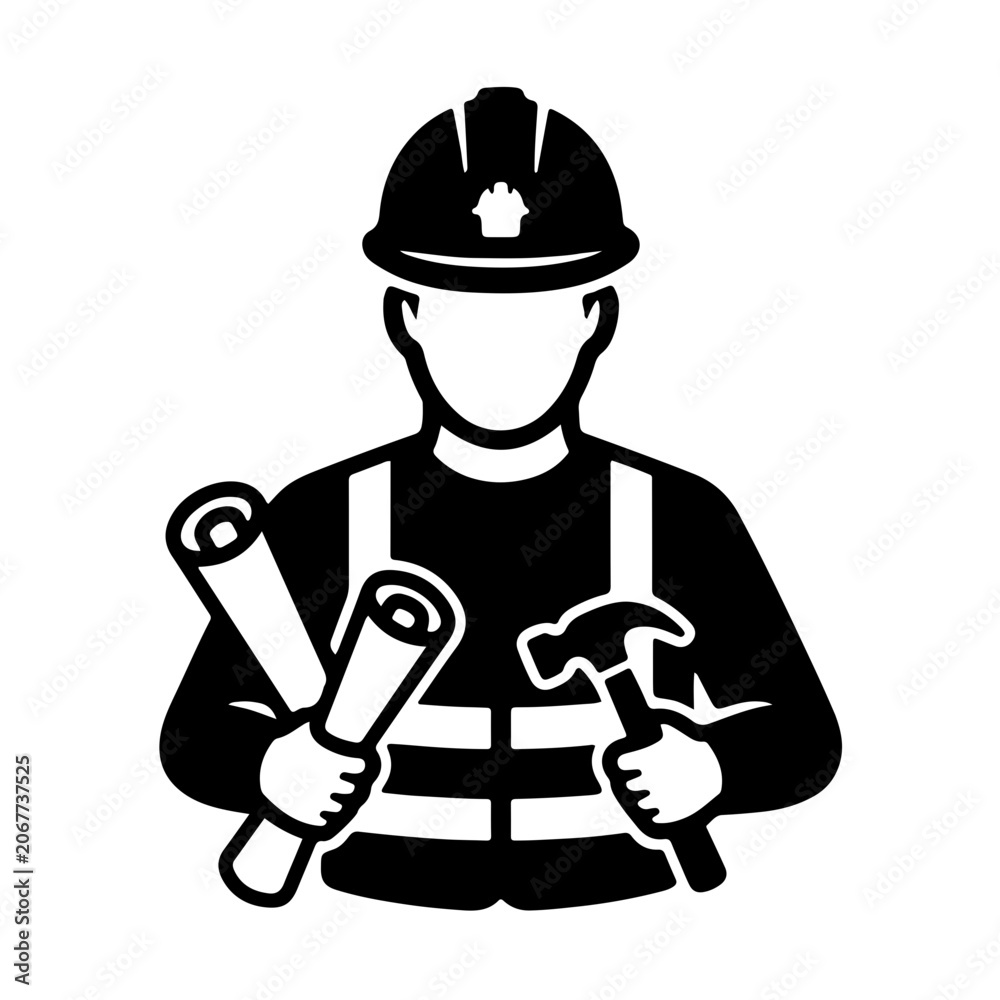 Obraz premium Professional construction worker wearing a hard hat while holding blueprints and a metal hammer in this clean black and white minimalist vector graphic design icon illustration