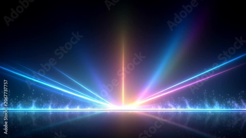 Neon light beams on dark stage with water splashes.