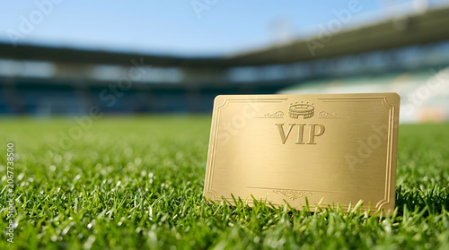 Blank Golden VIP Card on Soccer Field Stadium Background.