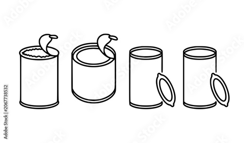 Minimal Open Tin Can Outline Icons with Flat Line Food Container Vector Set