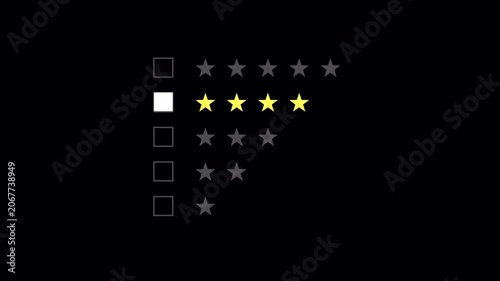 Four star rating icon animation, isolated on alpha channel. 4 stars rating motion for user review