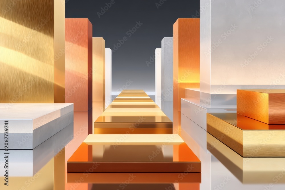 Naklejka premium Abstract golden pathway and metallic steps in modern geometric architecture with reflective surfaces