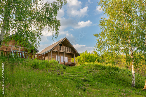 Obraz na płótnie Rustic wooden cabin standing on a grassy hillside among silver birch trees (Betula pendula)