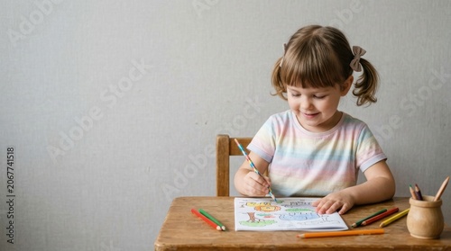 Young Girl Drawing at Wooden Desk with Art Supplies.